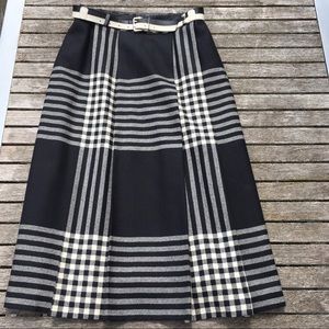 Vintage Plaid Wool Pleated Aline Skirt Black Cream